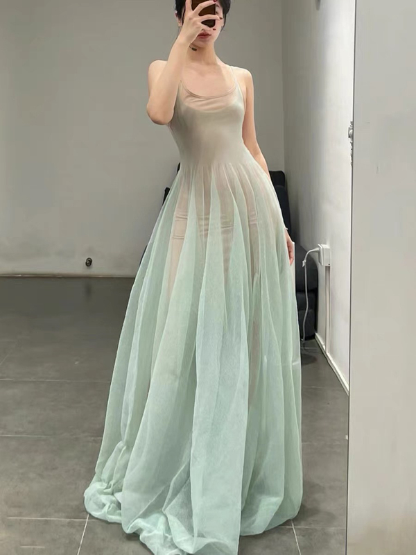 In Stock Shorty Idea Aqua Green Fairy Tale Slim-Fit Spaghetti Strap Long Dress High-End Large Hem Skirt Two-Piece Set