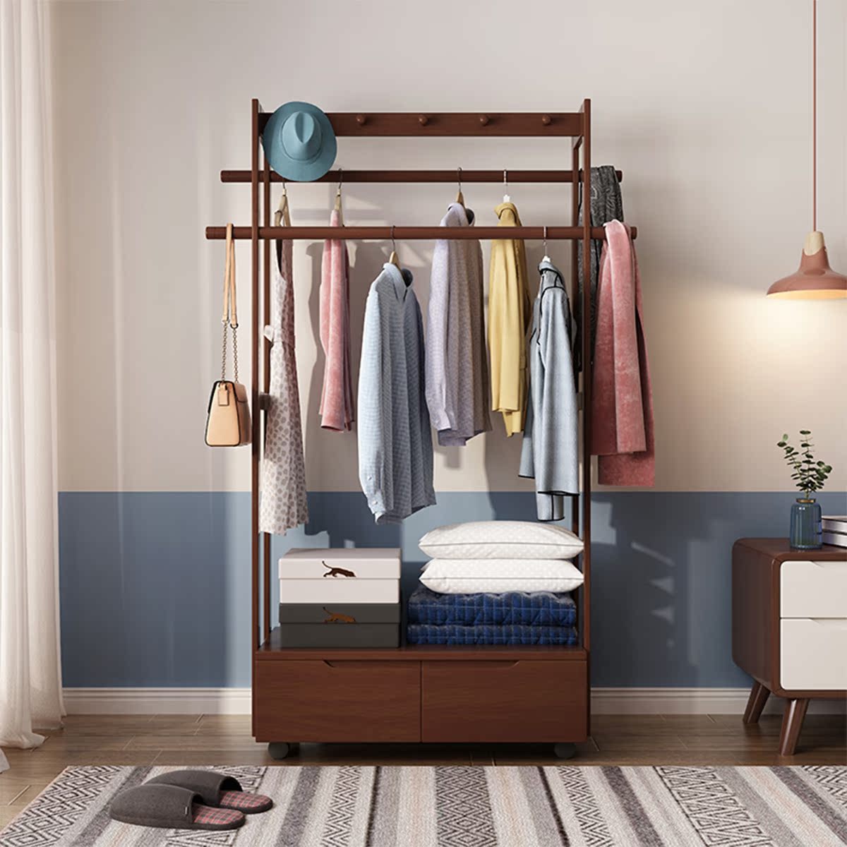 New Chinese clothes frame floor bedroom solid wood hanger locker multifunctional bedroom household removable cloak rack