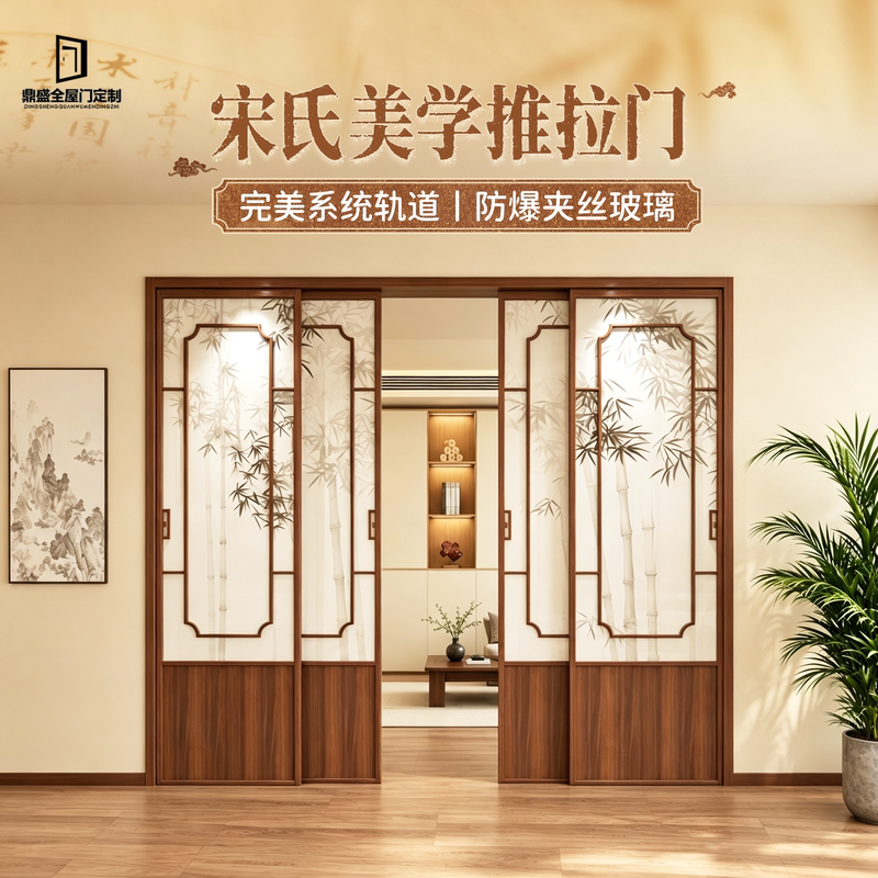 Song-Style Aesthetic Sliding Door with Vintage Bamboo Pattern, Tempered Glass Balcony Door, Aluminum Alloy Partition Door