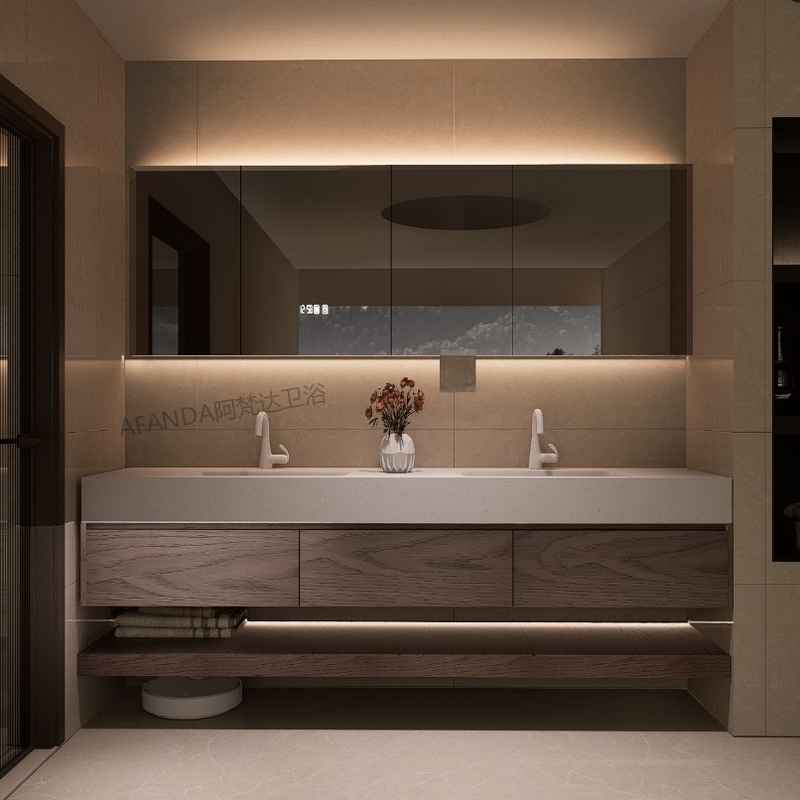 Medieval-Style Bathroom Cabinet with Rock Slab, Hot-Bent Integrated Red Oak Cabinet, Double Basin, Hotel-Style Solid Wood Cabinet