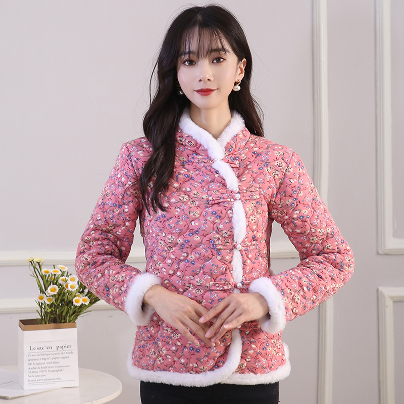 New winter clothing Mom Fashion Broken Flowers 100 hitch Thickened Mesh Infrared Cover Short large flower cotton padded jacket China Wind-Taobao