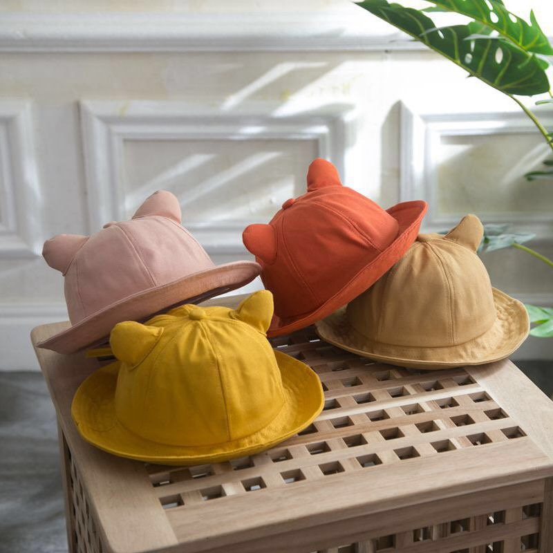 Spring and autumn solid color cat small tail embroidery children's fisherman hat travel foldable fabric large edge sunshade hat