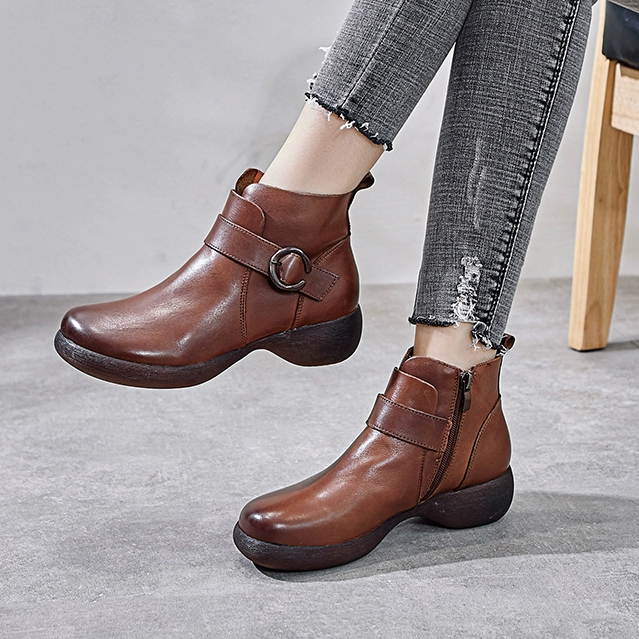 Giày cao cổ retro giày da của phụ nữ mùa thu và mùa đông 2020 giày cao gót đơn Martin boots da bò giày da phụ nữ trung niên giày bốt ngắn - Giày ống