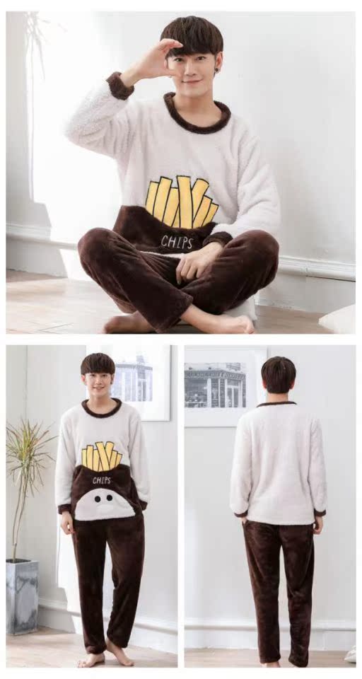 San hô nhung đồ ngủ nam mùa thu và mùa đông thanh niên học sinh trung học dễ thương phim hoạt hình flannel nhà dịch vụ áo ngủ nam