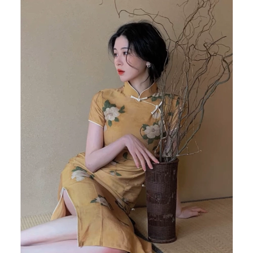 Легкое ципао, элитное платье, китайский стиль, 2025 года, светлый стиль, в цветочек