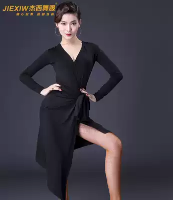Fire leaf flower Latin dance dress female V-collar lace slim slim practice uniforms adult long sleeve training class clothes