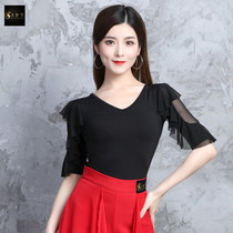 Fire leaf flower Latin dance suit female new coat adult square modern dance V collar practice Spring Summer lotus leaf sleeve