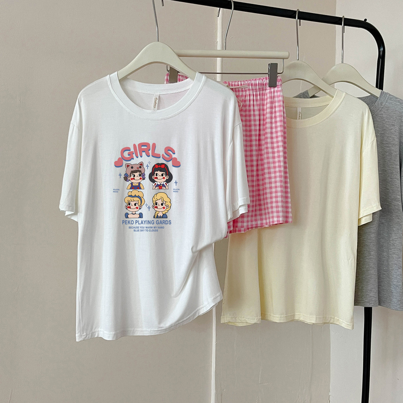 Cute Cartoon Little Girl Modal Round Neck Short-Sleeved Plaid Shorts Pajamas Cool and Breathable Two-Piece Home Clothes Set