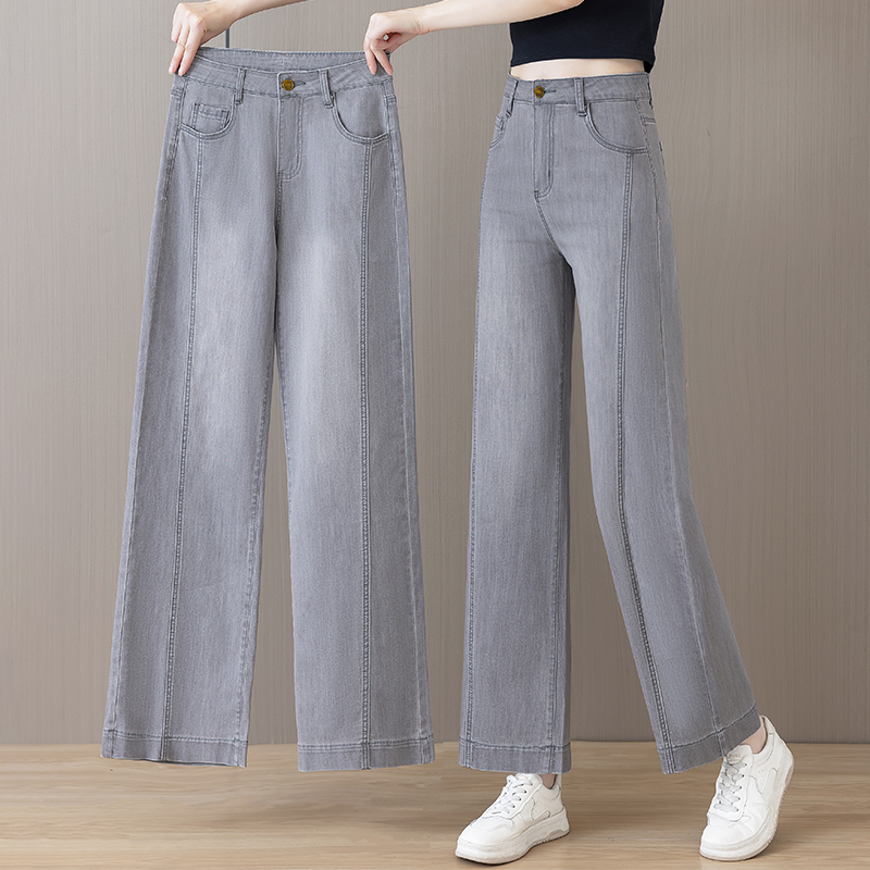 Moonlight Gray Petite Cropped Straight-Leg Jeans for Women, 2025 New Summer Thin High-Waisted Slimming Nine-Point Pants