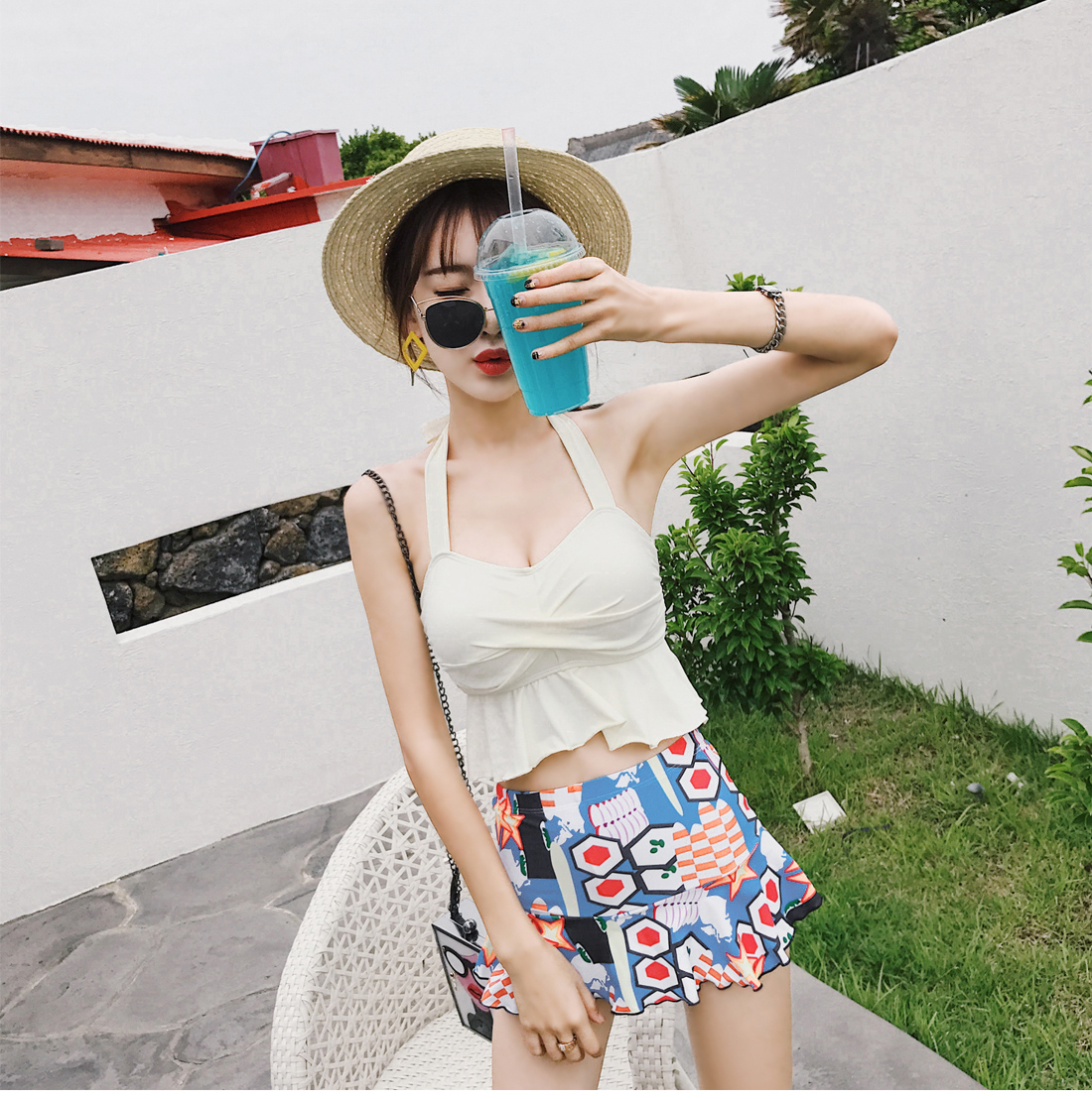 Bộ đồ bơi nữ Yimeishan ngực nhỏ tập hợp váy xẻ kiểu váy boxer Học sinh Hàn Quốc nhỏ tươi tắm nước nóng mùa xuân - Bộ đồ bơi hai mảnh bikini 2 mảnh