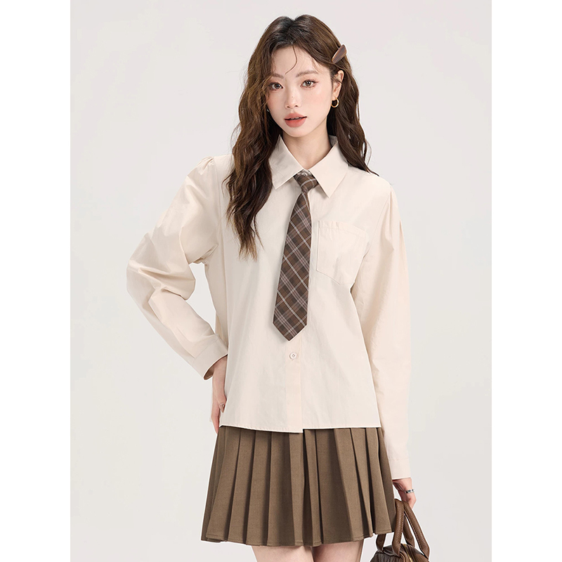 College Style Sweet Apricot Shirt for Women, Early Spring Japanese Casual Retro Shirt with Tie, Long-Sleeved Inner Top College Style Sweet Apricot Shirt for Women, Early Spring Japanese Casual Retro Shirt with Tie, Long-Sleeved Inner Top