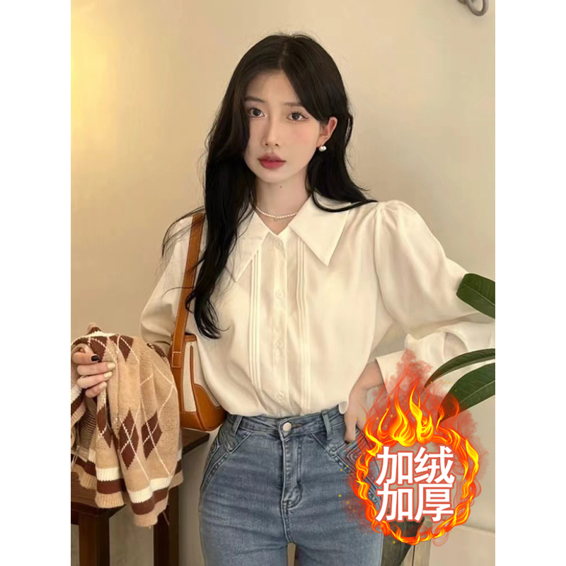Fleece-Lined and Thickened White Long-Sleeved Shirt for Women, with a Unique Design, Suitable for Commuting, Autumn and Winter French Retro Layered Shirt