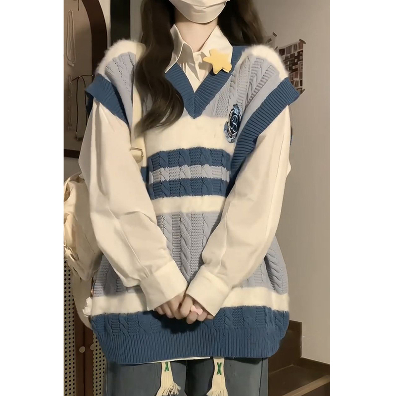 College Style Knitted Vest and Shirt Two-Piece Set, Sleeveless Sweater Vest, Loose and Lazy Style, Japanese Style Layering Outerwear