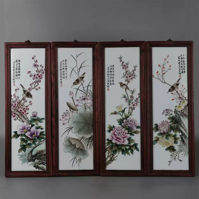 民国珠山八友粉彩瓷板画收藏级春夏秋冬花鸟纹仿古瓷一套四块