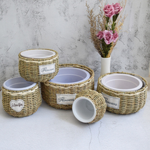 Pastoral grass willow rattan flower basket flower vase fleshy green plant flower arrangement decoration wall-mounted hand-woven flower pot