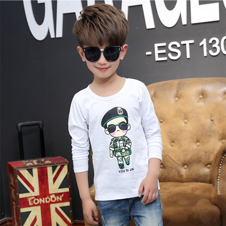 Quần áo nam 10 trẻ em 9 cậu bé mặc cộng với quần áo nhung Cậu bé 8-15 tuổi quần áo mùa thu trong áo trẻ em Áo thun dài tay màu xanh áo ba lỗ bé gái 