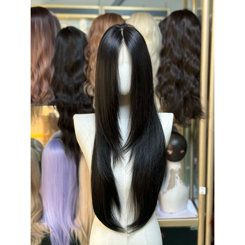 Large Lace Imported Silk Wig with Hand-Crocheted Front Lace, Natural Black, High-Layered, Inward-Curled Straight Hair, Realistic Full Headpiece