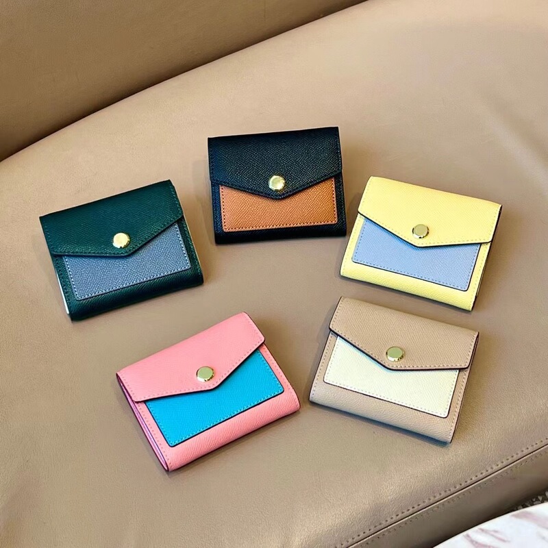 Color-Blocked Envelope, Round Buckle Inside and Outside, Full Pickup Bag, Wallet, Flip Cover, Multi-Functional Fashionable Full Cowhide Coin Purse, Short Clip