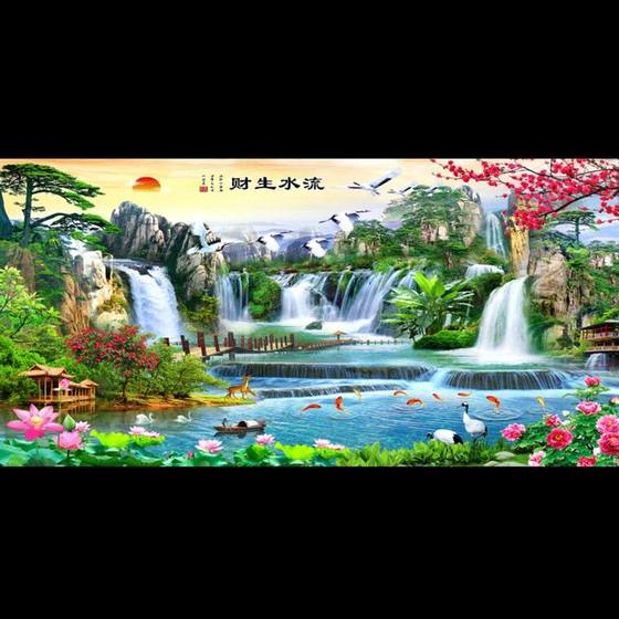 Thread embroidery, self-embroidery, hand-made cross-stitch, 2024 new style, living room, flowing water, making money, landscape painting, scenery, welcoming guests, relaxing atmosphere