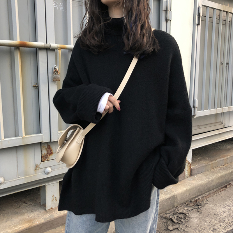 Trendy Lazy Style Black Turtleneck Sweater for Women, Autumn and Winter, Loose Pullover, Versatile Solid Color, Thick Knitwear for Outerwear, Fashionable