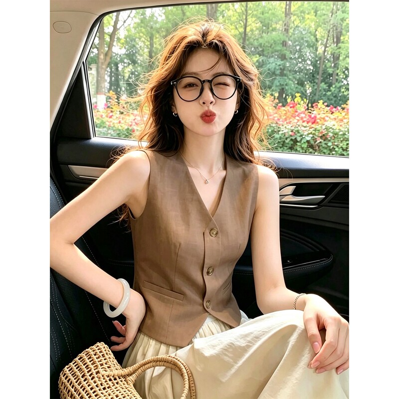 French-Style Mature V-Neck Khaki Vest for Women, Summer Slim Fit, Can Be Worn Inside or Outside, Old Money Style Sleeveless Top