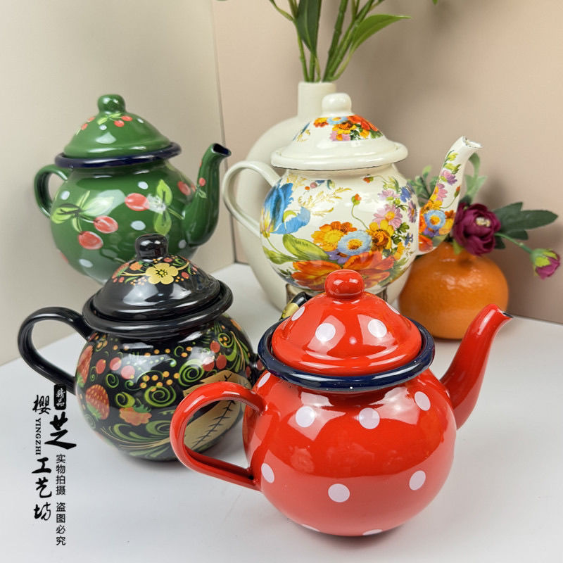 Xinjiang Ethnic Style Enamel Pot Coffee Pot Oil Pot Water Kettle Blueberry Enamel Pot Cold Water Kettle Restaurant Soy Sauce Vinegar Pot