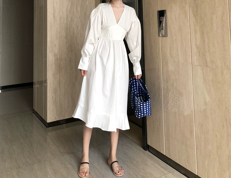 Váy sơ mi trắng 2019 xuân hè Hàn Quốc V-cổ dài tay eo dài xù dài eo cao - Sản phẩm HOT