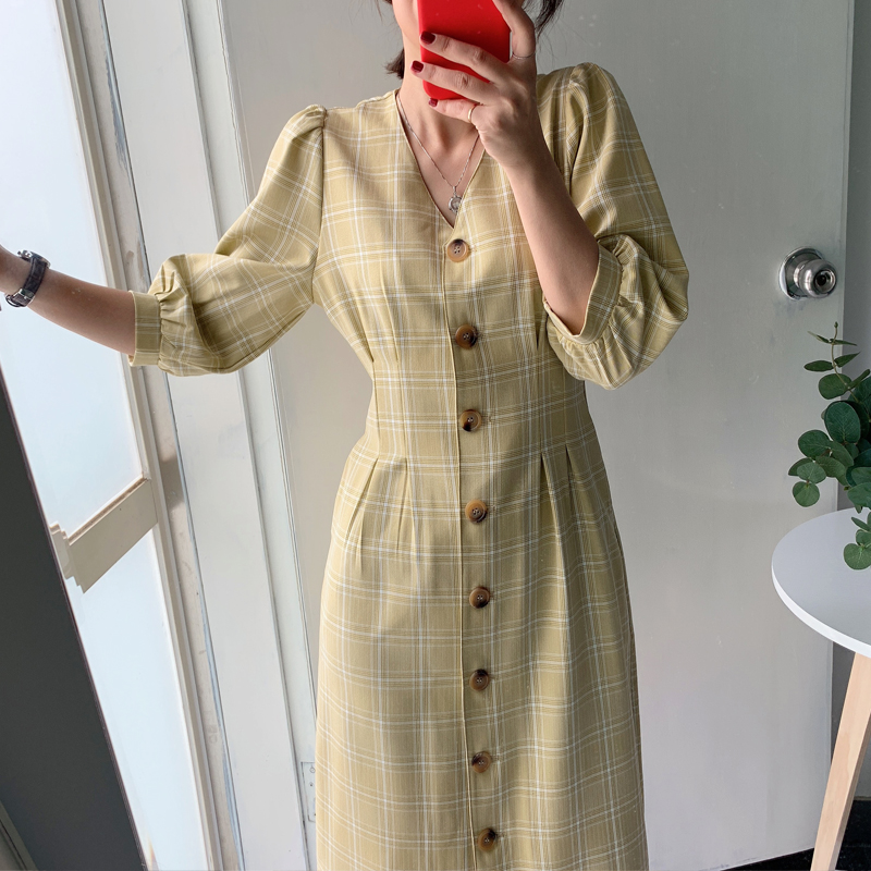 Thung lũng bí ngô với cùng một chiếc váy nữ dài xuân 2019 mới cho phụ nữ retro tay áo bong bóng - Váy eo cao đầm xoắn eo
