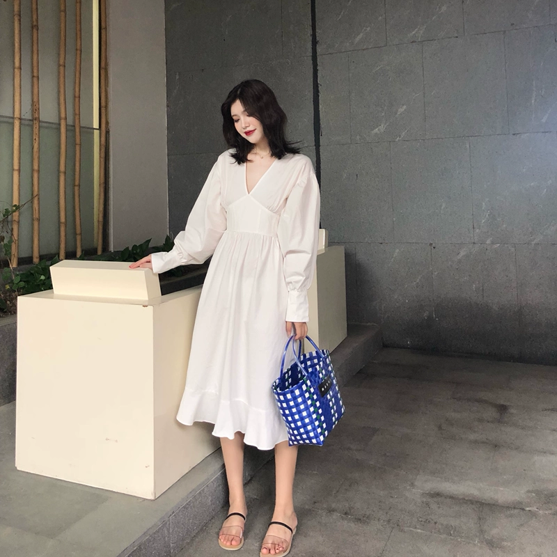 Váy sơ mi trắng 2019 xuân hè Hàn Quốc V-cổ dài tay eo dài xù dài eo cao - Sản phẩm HOT