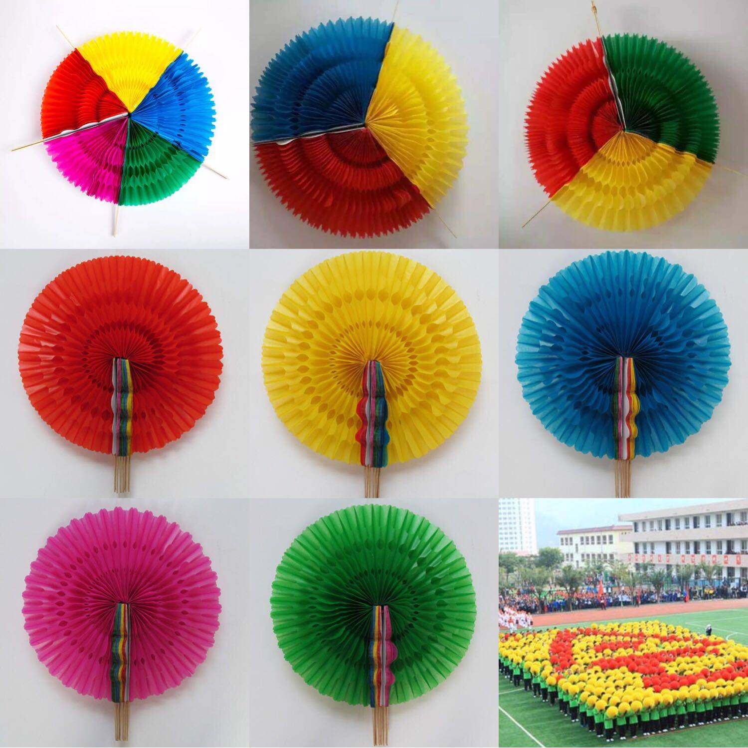 Hand Flipping Flower School Large Group Gymnastics Multicolor Fan Festival Performance Games Opening Ceremony Props Color Changing Fan