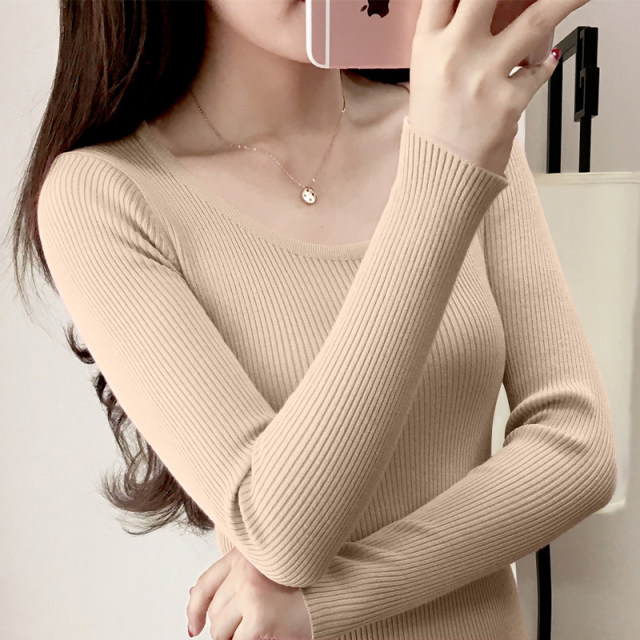 2023 Autumn and Winter Stretch Slim Fit Versatile Short Top Round Neck Inner Sweater Women's Pullover Slim Knitted Bottoming Shirt