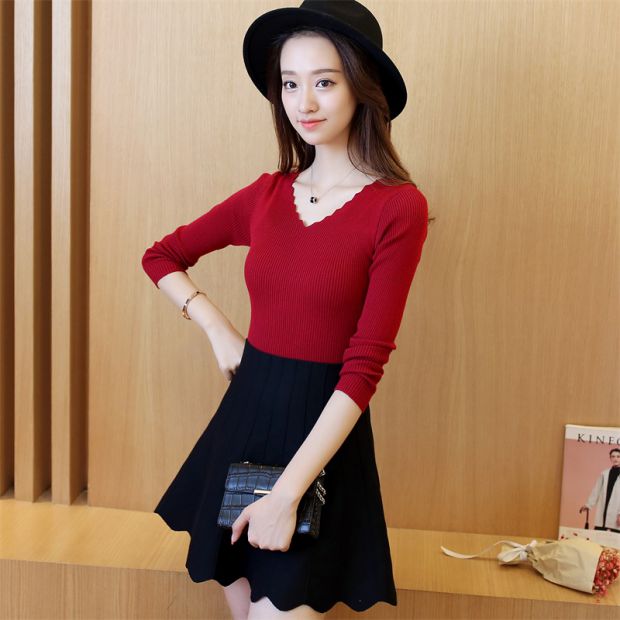 Xuân 2018 thu đông ngắn áo len ngắn tay áo len nữ tay dài cổ chữ V thon gọn cổ thấp áo len chạm đáy áo len kiểu hàn quốc cực đẹp