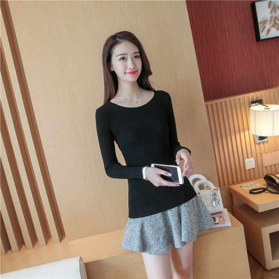 Mùa thu mới đa năng Slim áo sơ mi tay ngắn mỏng mùa thu và mùa đông đen áo len kiểu hàn quốc cực đẹp