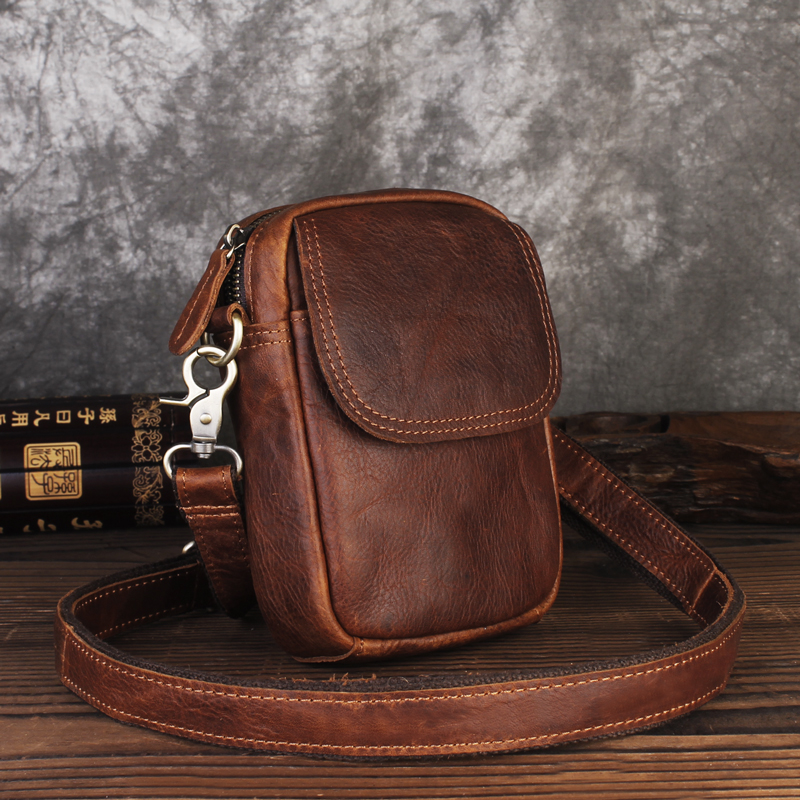 Men's mobile phone bag small satchel head layer cow leather multifunction wearing leather strap mobile phone pocket men's leather single shoulder inclined shoulder bag