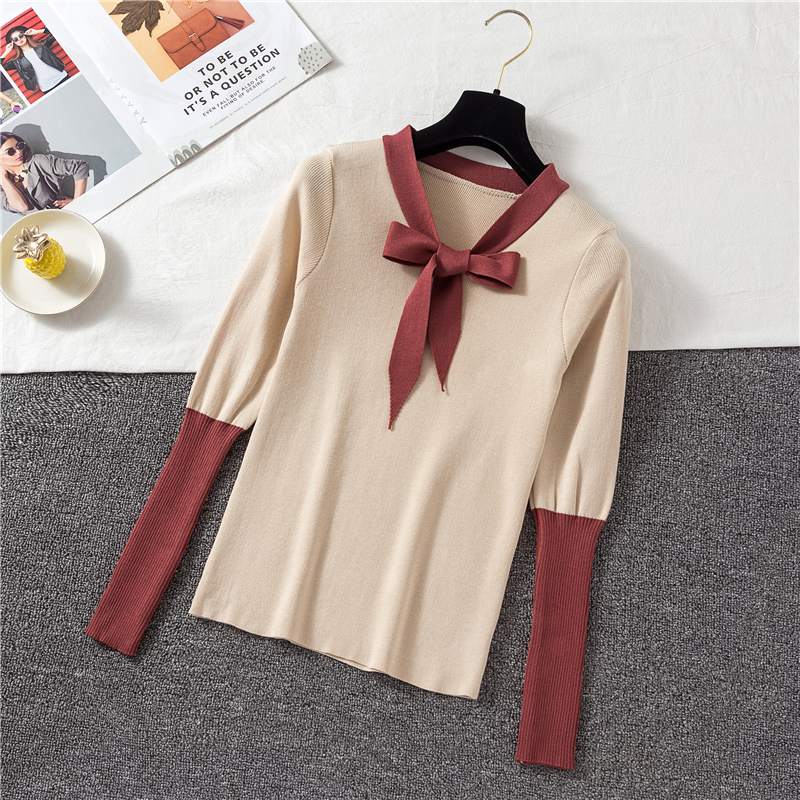 Mùa thu và mùa đông mới mặc nơ mới cổ chữ V dài tay chạm đáy áo phụ nữ tự trồng dệt kim ngọn hoang dã của bộ áo len kết hợp màu sắc - Đan Cardigan thời trang công sở nữ