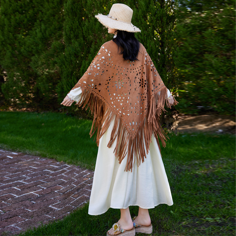 Xinjiang Grassland Desert Travel Photography Suede Ethnic Style Brown Hollow Tassel Shawl with Triangular Scarf
