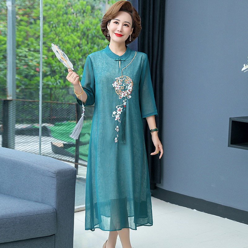 Mom's Summer Dress, 50-Year-Old Middle-Aged Women's Elegant Improved Cheongsam Long Dress, Middle-Aged and Elderly Women's Plus-Size Chiffon Dress