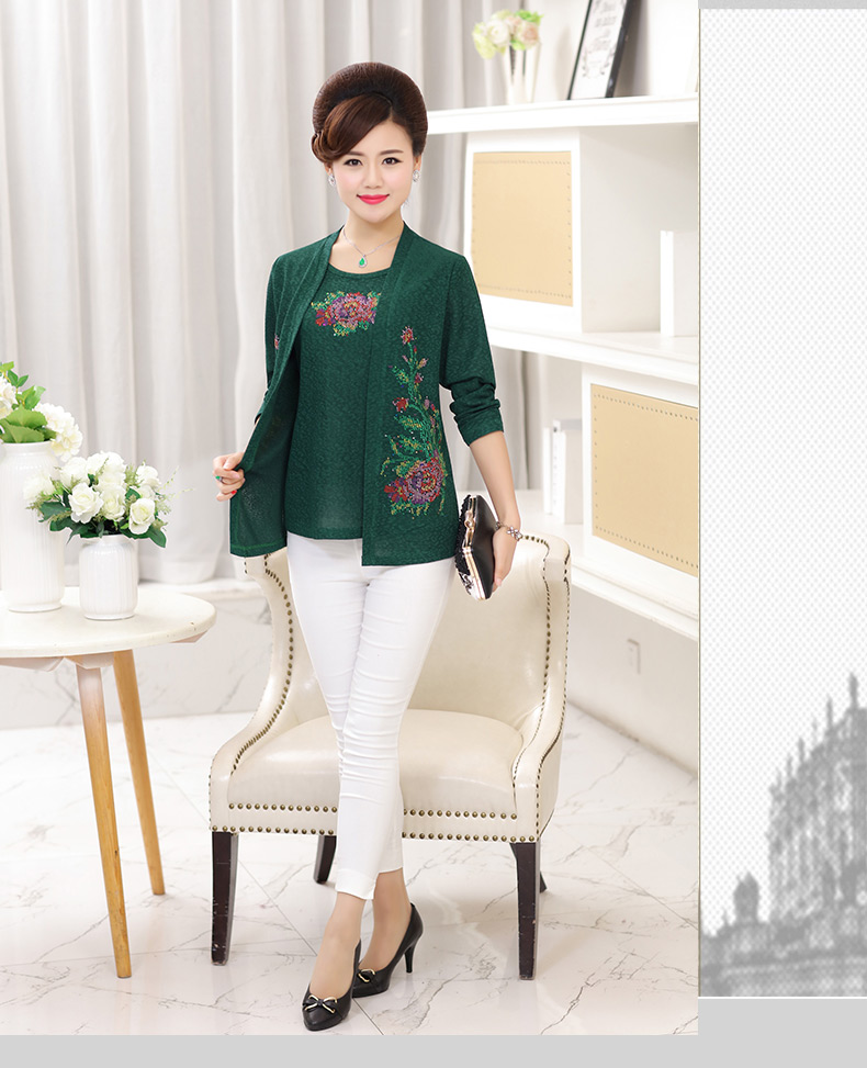 Áo dài mùa xuân cho phụ nữ trung niên và bà mẹ tải 40-50-60 tuổi giả áo hai dây mùa xuân và mùa thu đan áo len cỡ lớn mẫu áo trung niên