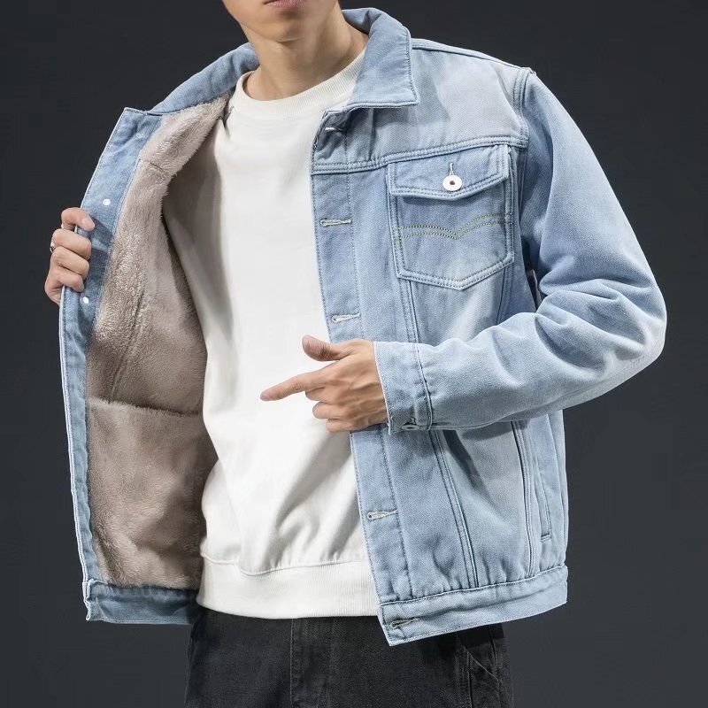 Winter Velvet Thickeneded Denim Jacket Men's Lamb Wool Warm Heated Jacket Youth Trendyy Casual Versatile