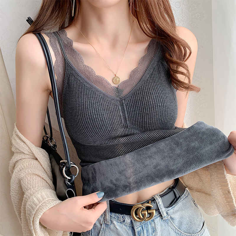 Warm top camisole female spring and autumn plus velvet thickened with chest pad with sexy lace beautiful back bottoming shirt