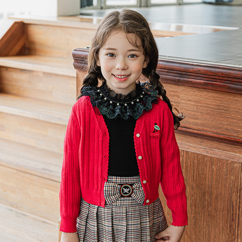 Boat rat girl sweater sweatshirt v collar single row of red children blouses knitted sweatshirt baby autumn clothing foreign air jacket-Taobao