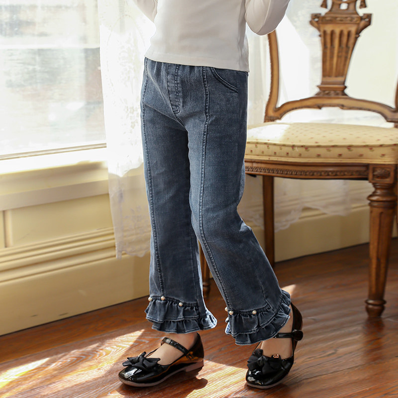 Boat Rat Girl Girl Jeans Spring Autumn 2021 New Foreign Pie High Waist Bright Pearl Lace Korean version Children's baby girl pants