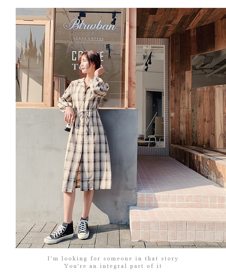 VK旗艦店 韓國風復古單排釦襯衫領卡其格紋襯衫長袖洋裝