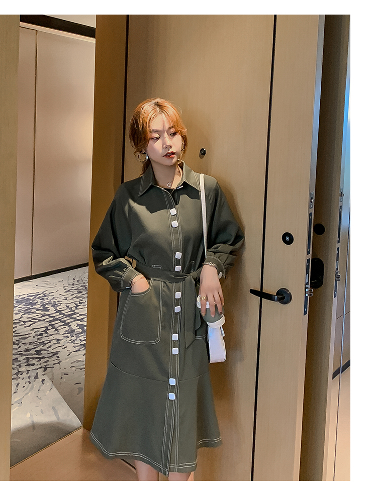 VK旗艦店 韓國風單排釦大口袋風衣工裝翻領長袖洋裝