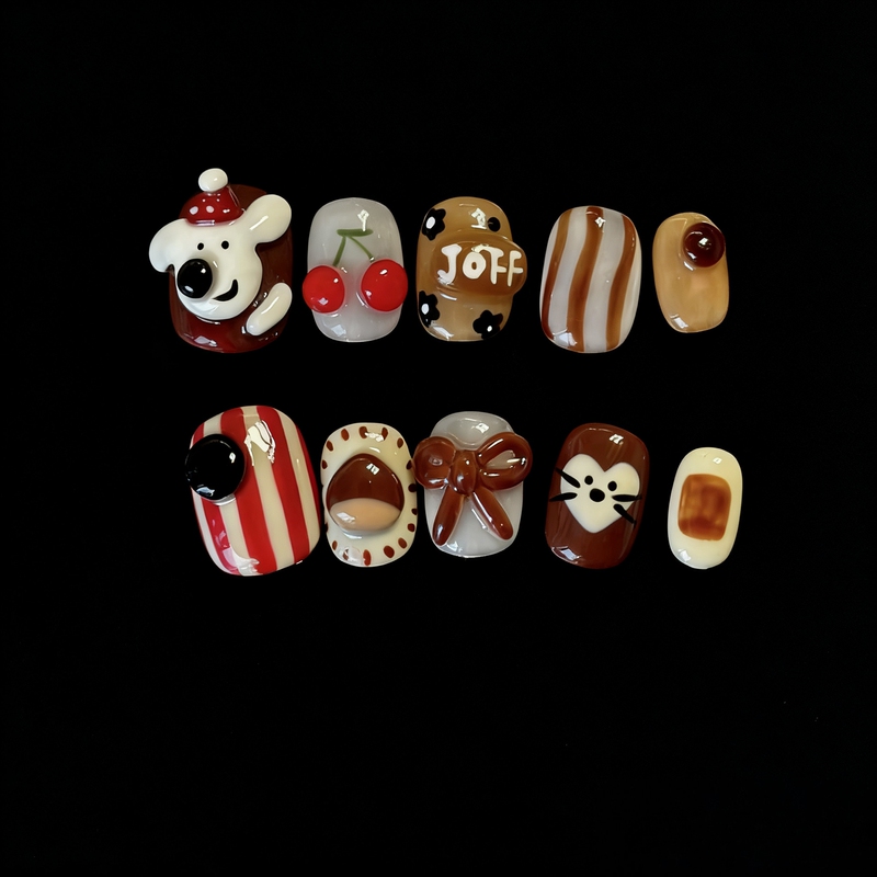 Cute Cartoon Puppy Nail Stickers, Finished Product, Removable Fake Nails, Short Nails, 3D Pop-Up Design
