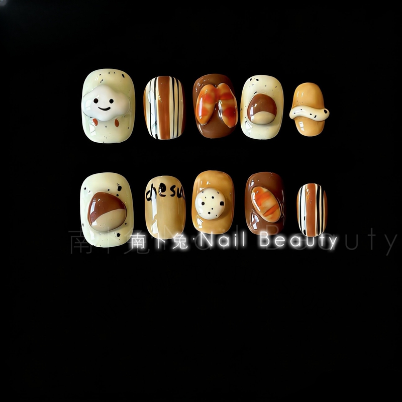 Purely Handmade Short Press-On Nails, Cute Cartoon Hand-Painted Nail Art, Brightening Fake Nails