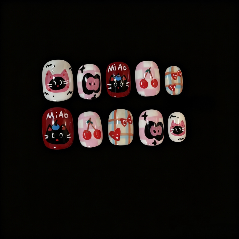 Nanbu Rabbit Short White Nail Tips, Handmade and Hand-Painted, Cute Cartoon Dopamine Manicure, Detachable