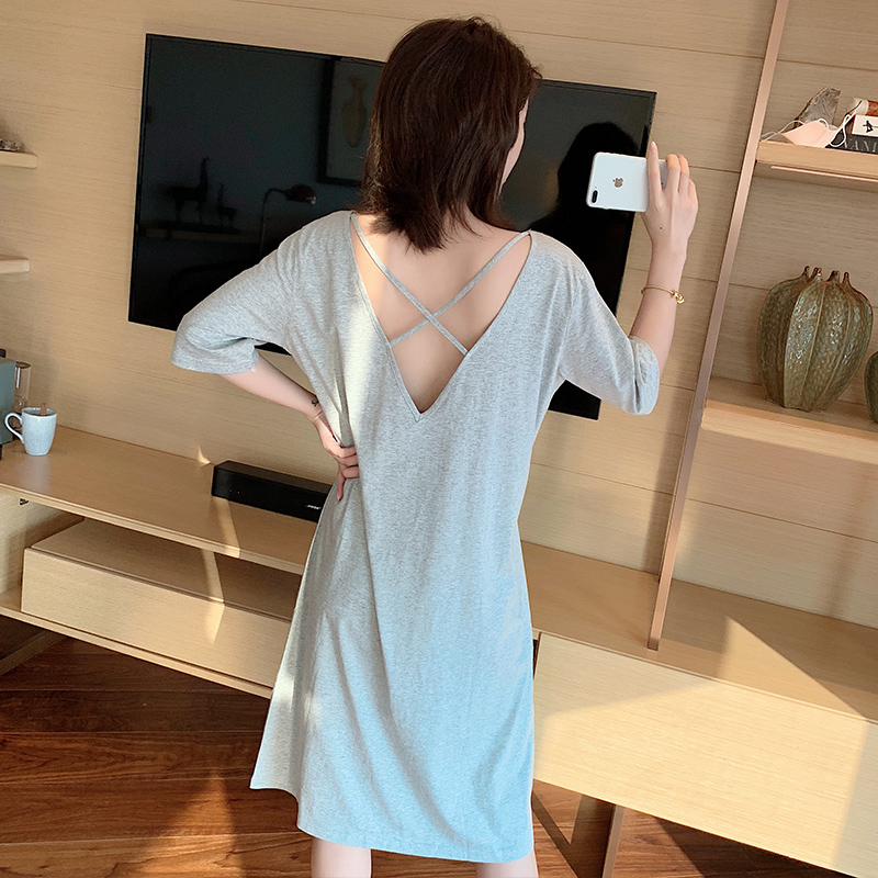 Sleepwear Woman Summer Sleeping Dress Woman Summer Modell Cotton Sexy Short Sleeve Even Body Dew Back Sexy Large Size Loose home clothes