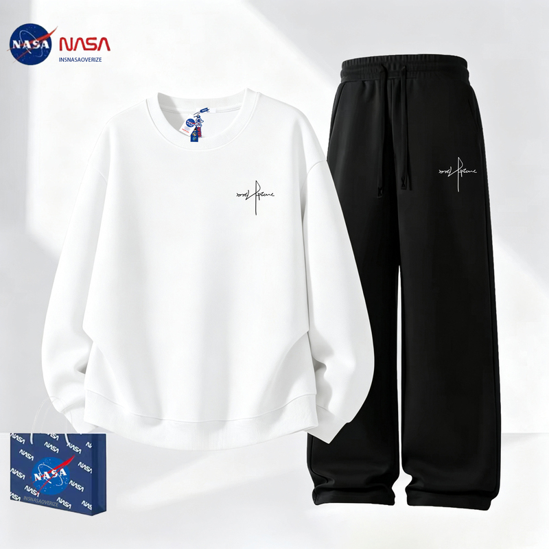 Nasa Co-Branded Simple Artistic Signature Autumn Clothing Set for Men, Casual Sweatshirt and Straight-Leg Pants Complete Set