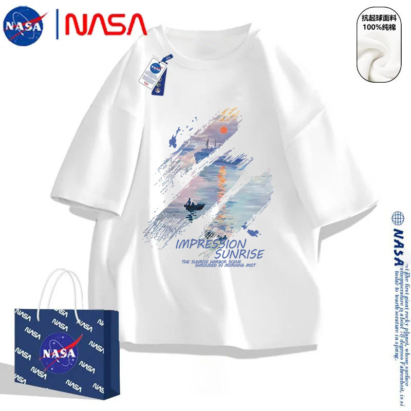 NASA联名油画印花t恤男女夏季潮牌宽松青少年纯棉美式涂鸦风短袖